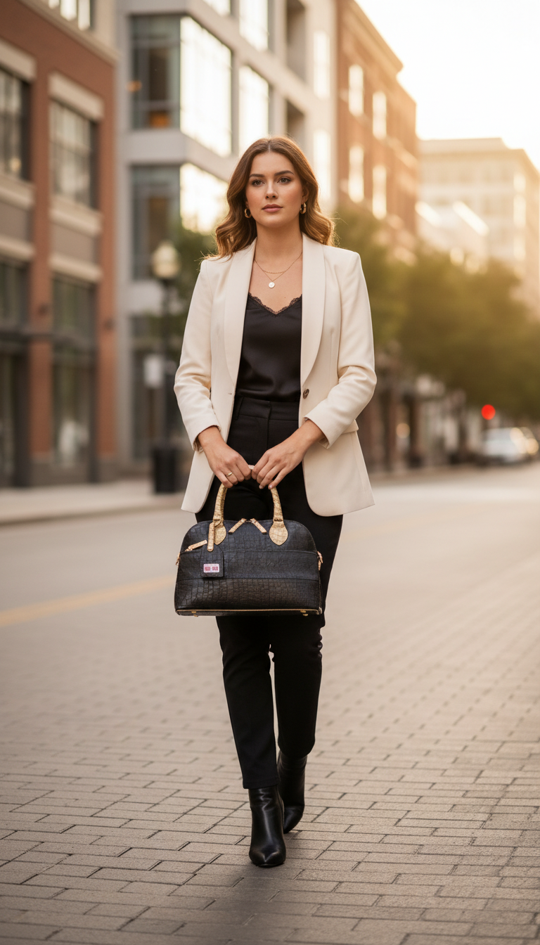 Redcrownco “Talent Meets Bold” Black Croc Print Leather Handbag